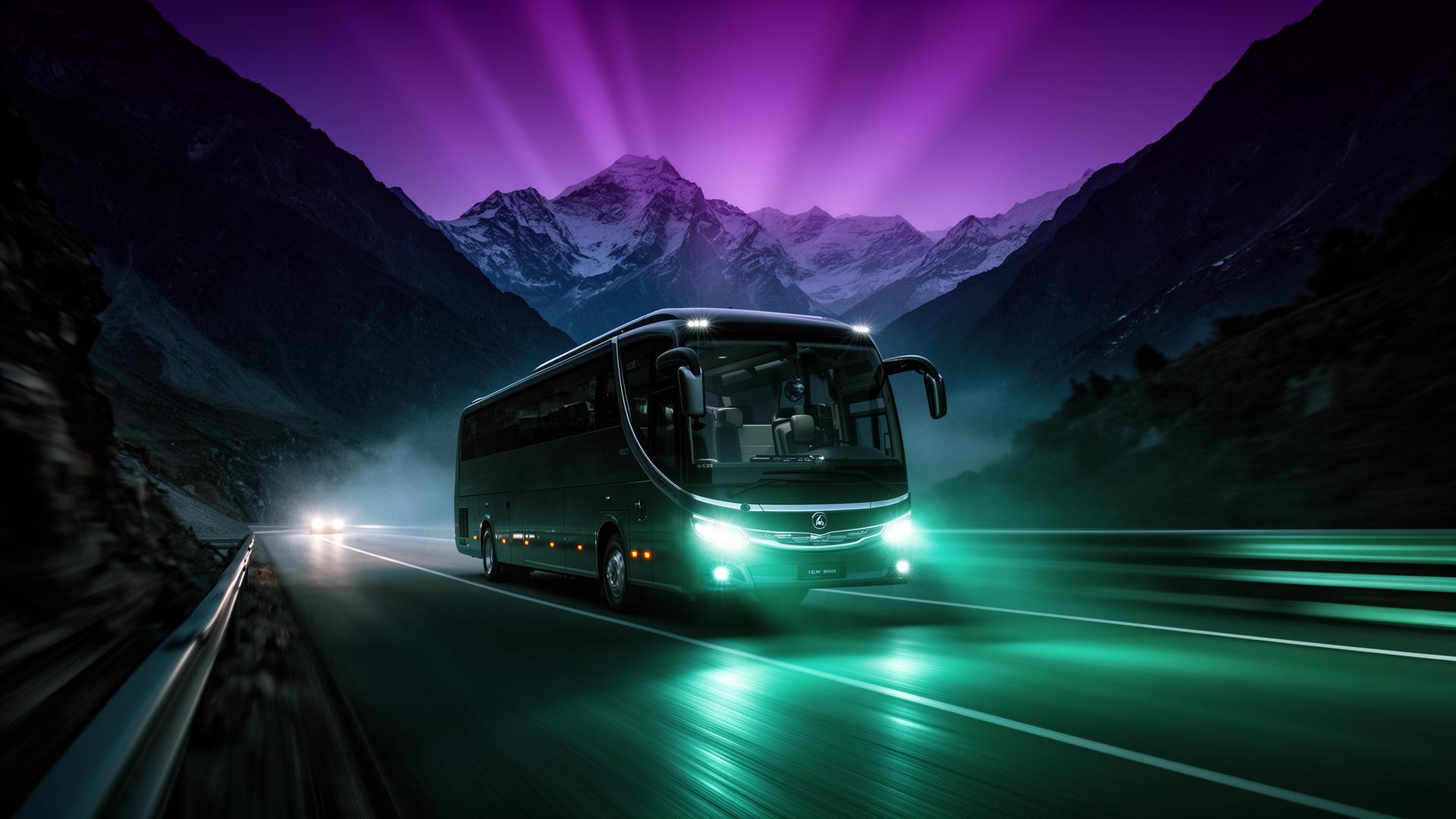 PRL premium coach driving through the Himalayas at dusk